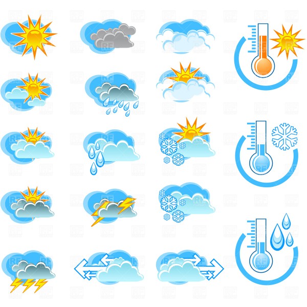 Weather forecast icons and thermometers