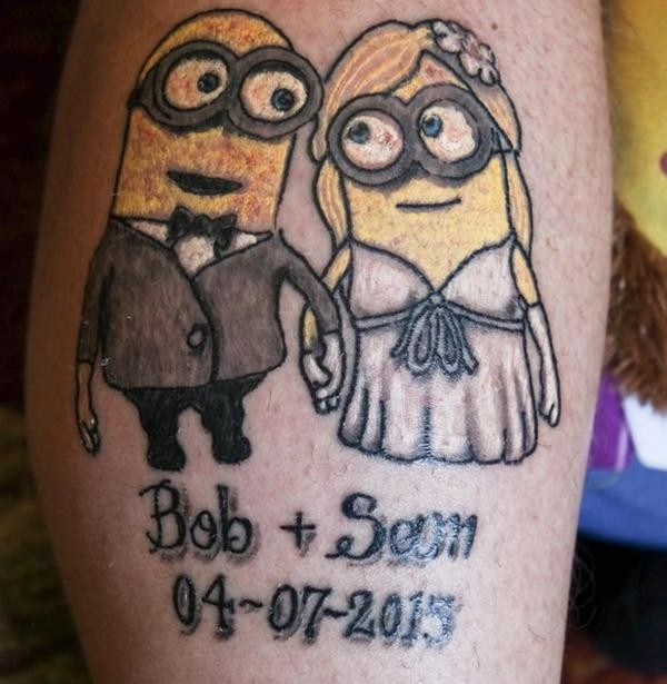 PAY-Bob-has-a-tattoo-with-a-minion-bride-and-groom-on-his-leg