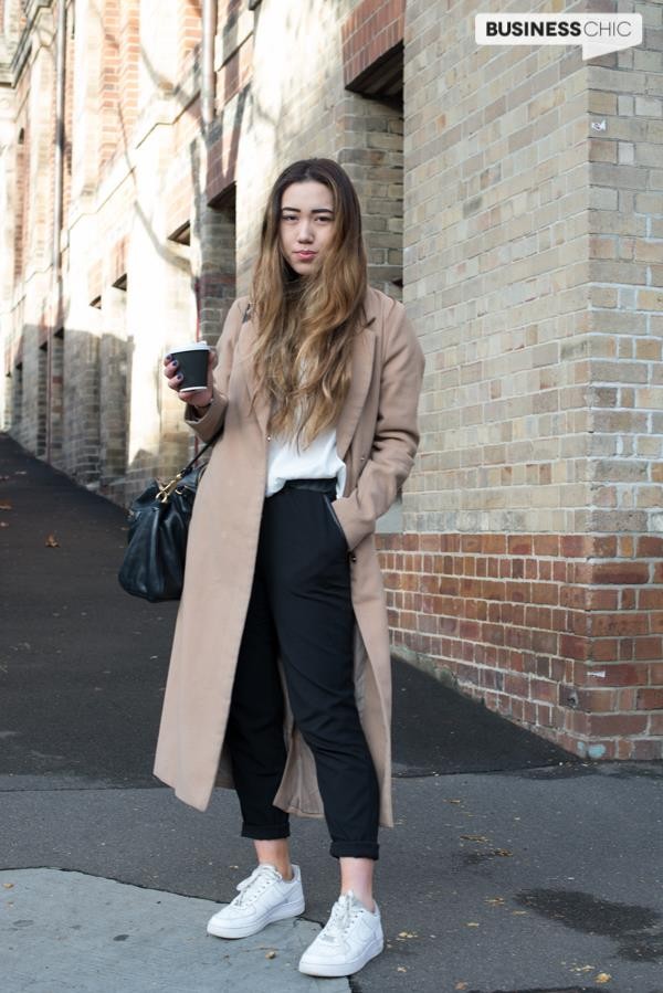 Sydney-street-style-camel-coat-black-work-pants-and-white-leather-sneakers